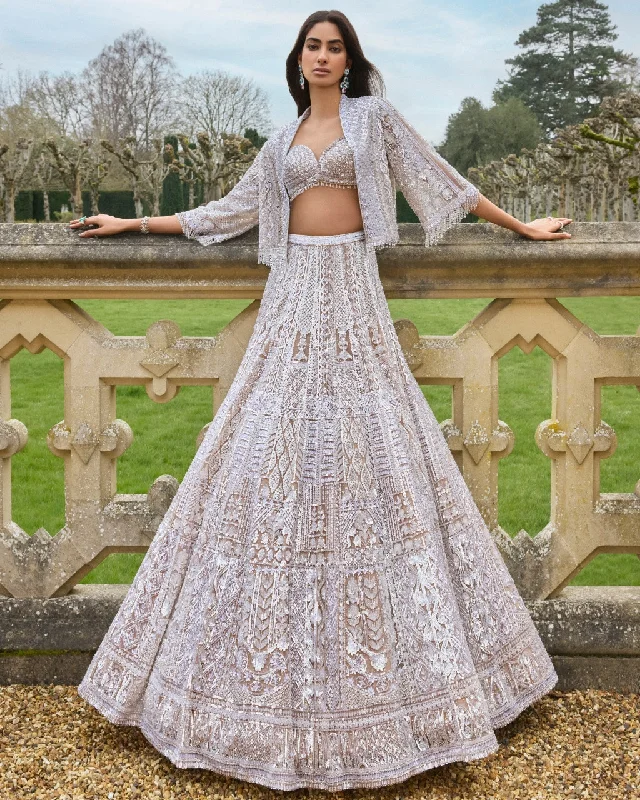 Nude Silver Jacket Lehenga Set Welt Pockets Slit Pockets Flap Pockets