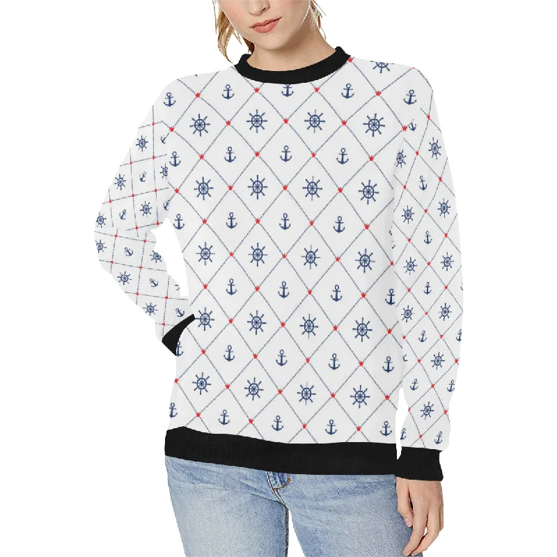 Anchor rudder nautical design pattern Women's Crew Neck Sweatshirt Hoodie with Hem Applique Textured Unique