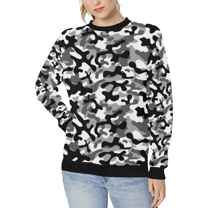 Black white camouflage pattern Women's Crew Neck Sweatshirt Hoodie with Hem Patch Decorative Personalized