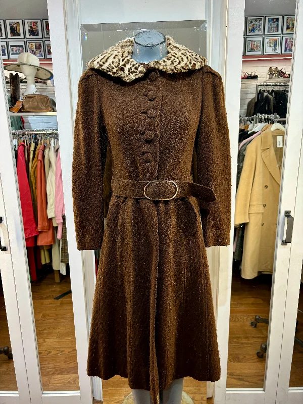 40’s Dark Brown Wool Coat With Cheetah Print Fur Collar By Gabrielle Couture Paris Jersey Tulle Batik