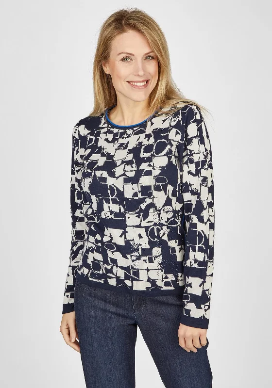 Rabe Abstract Pattern Sweater, Navy & Beige Collared Crew Neck Turtle Neck