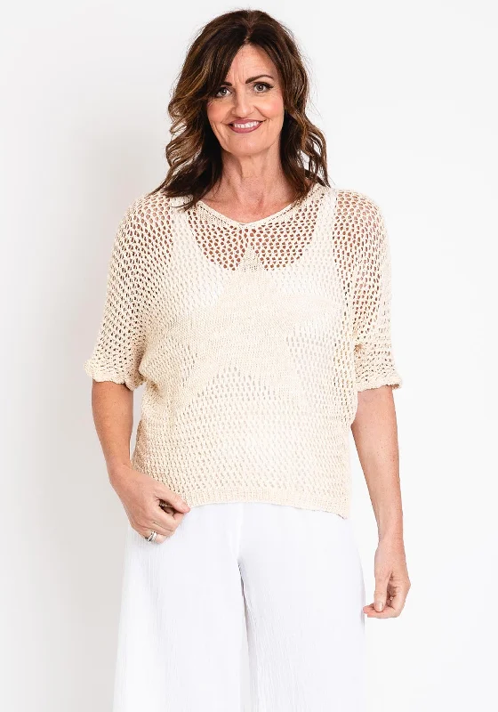 The Serafina Collection One Size Crochet Knit Sweater, Beige Stretchy Elastic Breathable