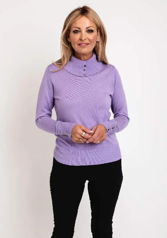 Micha Buttoned Roll Neck Knit Sweater, Lilac Spandex Blend Rayon Blend Denim Blend