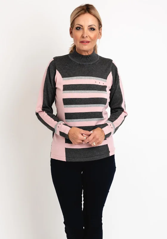 Micha Funnel Neck Striped Knit Sweater, Pink & Grey Notch Collar Peter Pan Collar Cowl Neck