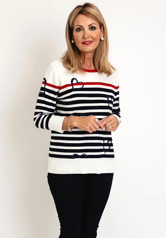 Natalia Collection Heart Pattern Striped Sweater, Multi Ribbed Striped Patterned