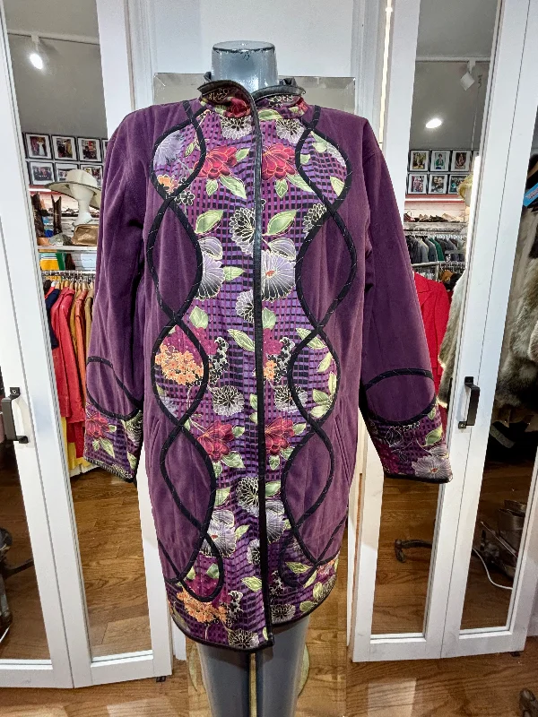 80’s Purple & Multicolor Pattern Reversible Coat By KOOS of Course Stand-Up Roll-Neck Turtle