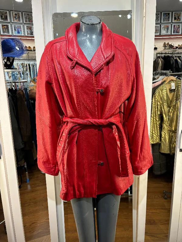 80’s Red 3/4 Length Leather Coat With Stitch Details By Traditional Treads Hook-and-Loop Buckled Tied