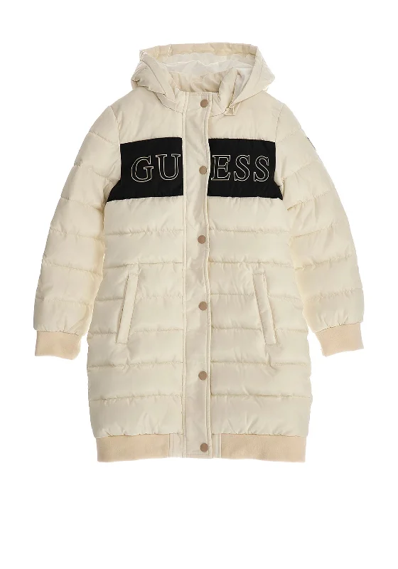 Guess Girls Logo Hooded Puffer Coat, Cream Three-Quarter Sleeve Elbow Sleeve Wrist Sleeve