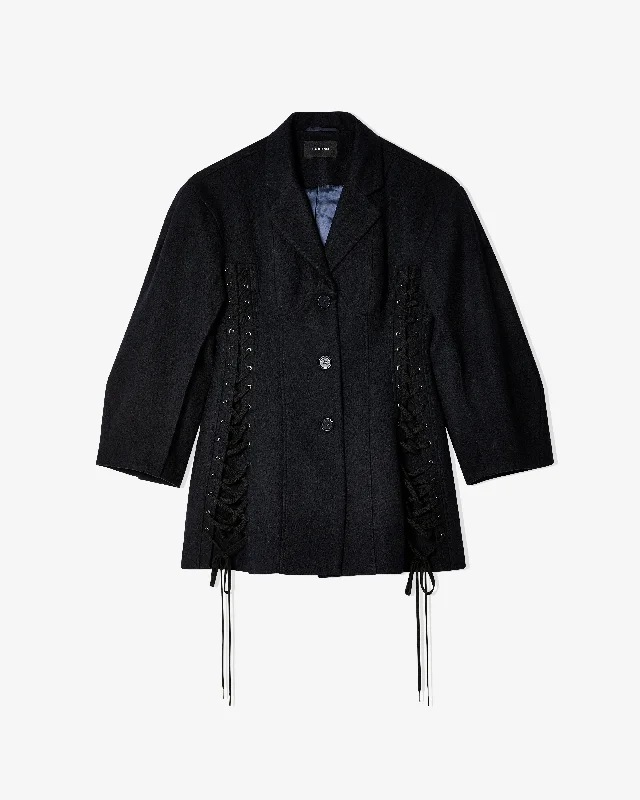 Simone Rocha - Women's Puff Sleeve Corset Jacket - (Navy) Wool Jacket Cashmere Jacket Tweed Jacket