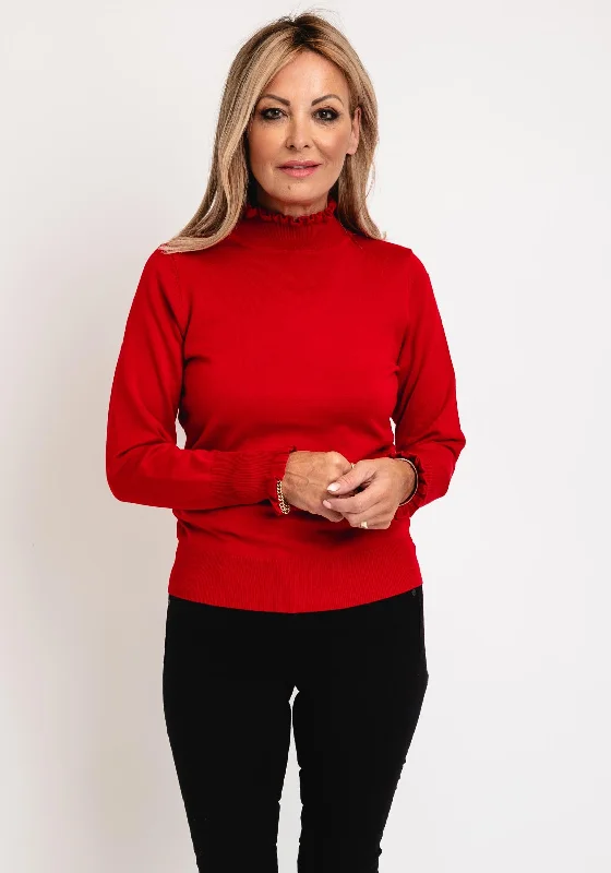 Micha Frilled High Neck Sweater, Red Solid Print Embellished