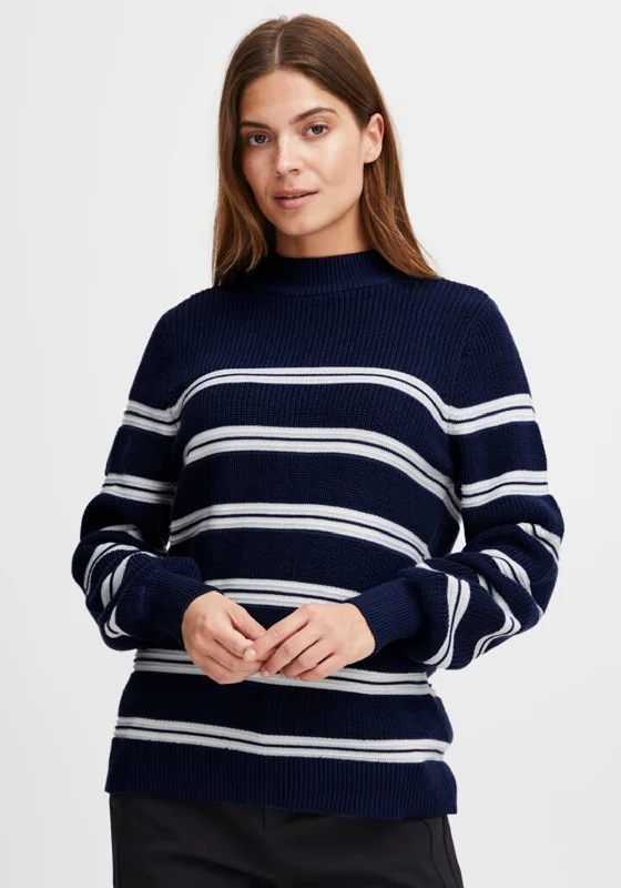 Fransa Striped Funnel Neck Jumper, Navy Casual Formal Business