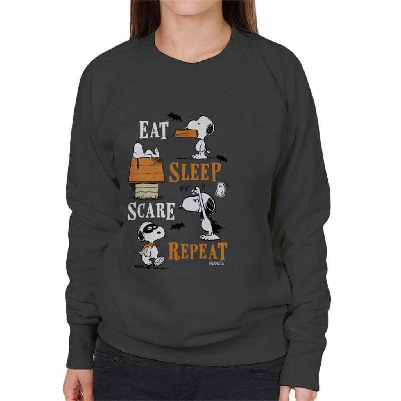 Peanuts Eat Sleep Scare Repeat Halloween Women's Sweatshirt Hoodie with Mock Neck Collared Structured