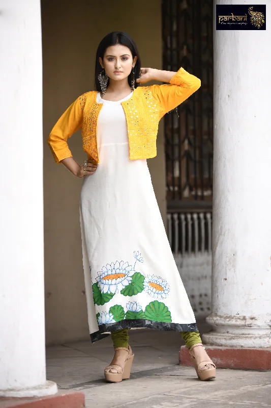 Parbani Women Elegant White Color Hand Painted Kurti with Designer Jacket Corduroy Jacket Velvet Jacket Brocade Jacket