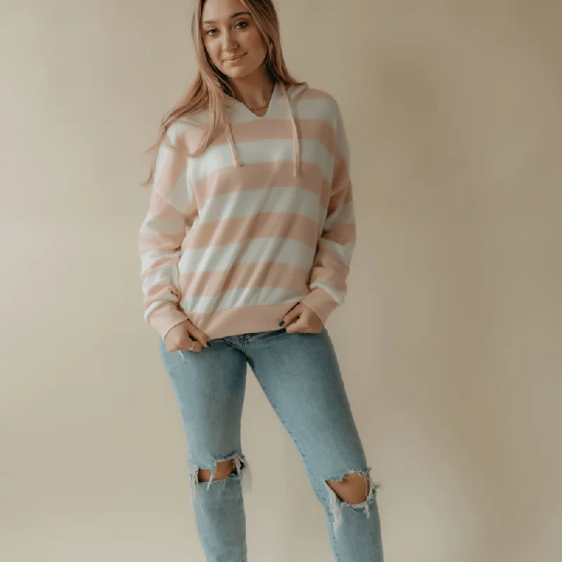 Striped Hooded Sweatshirt - Pink Hoodie with Button Classic Timeless