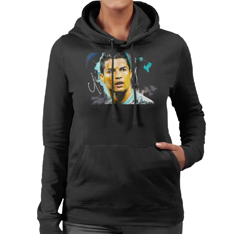 Sidney Maurer Original Portrait Of Footballer Cristiano Ronaldo Women's Hooded Sweatshirt Hoodie with Batwing Sleeves Loose Dramatic