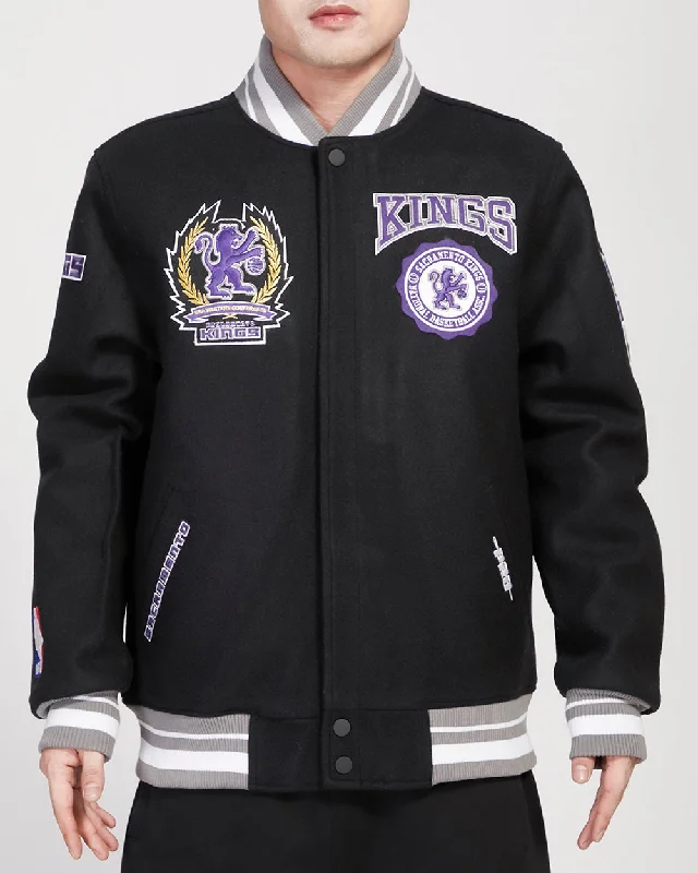 NBA SACRAMENTO KINGS REST EMBLEM RIB WOOL VARSITY JACKET (BLACK/GRAY) Stand-Up Collar Roll-Neck Collar Turtle Neck