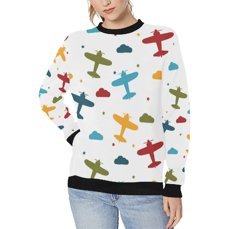 Airplane star cloud colorful Women's Crew Neck Sweatshirt Hoodie with Drawcord Adjustable Secure