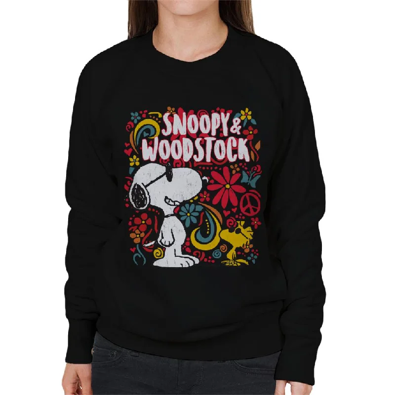 Peanuts 70s Floral Snoopy And Woodstock Women's Sweatshirt Zip Hoodie Drawstring Kangaroo Pocket