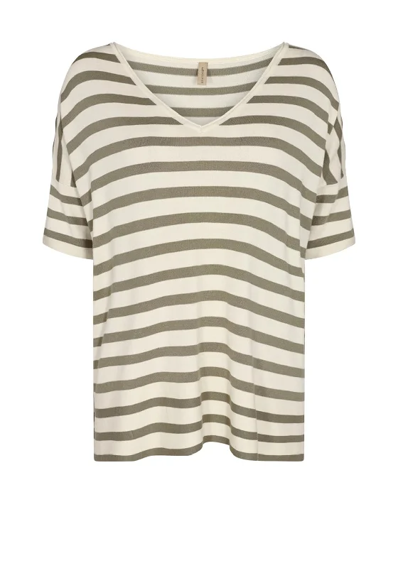 Soyaconcept Eireen Oversize Striped Sweater, Cream & Green Welt Pockets Slit Pockets Flap Pockets