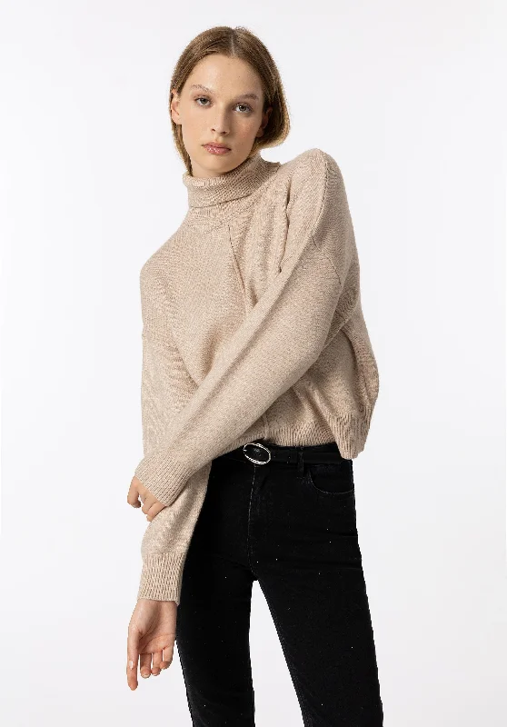 Tiffosi Roll Neck Sweater, Beige Chenille Brocade Lace