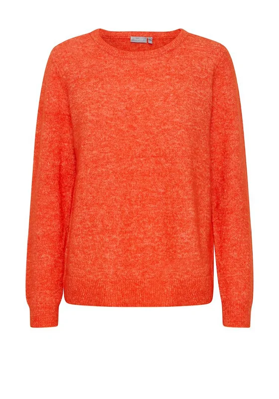 Fransa Round Neck Knit Sweater, Orange Chenille Blend Fleece Blend Nylon Blend