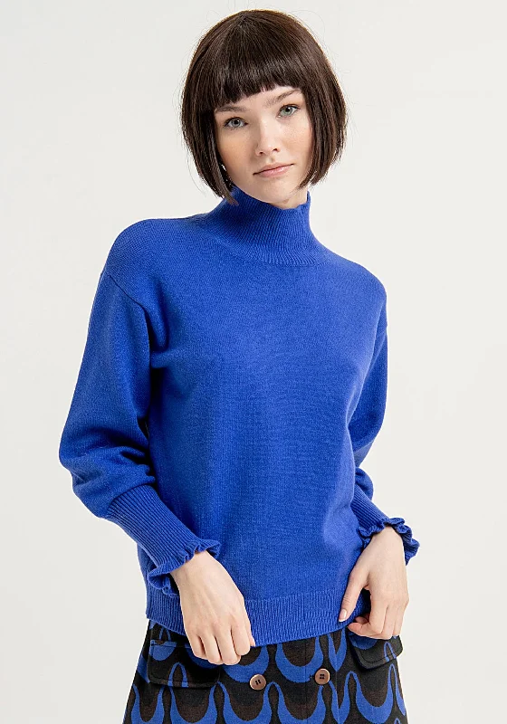 Surkana Frill Cuffed Sleeves High Neck Sweater, Royal Blue Open Front Closed Front Wrap Front