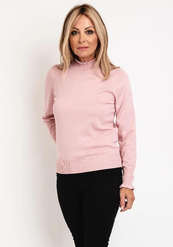 Micha Frilled High Neck Sweater, Blush Pink Ribbed Striped Patterned