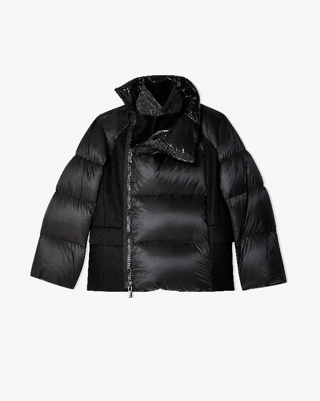 sacai - Women's Wool Melton Padded Jacket - (Black) Tiered Jacket Buttoned Jacket Zippered Jacket