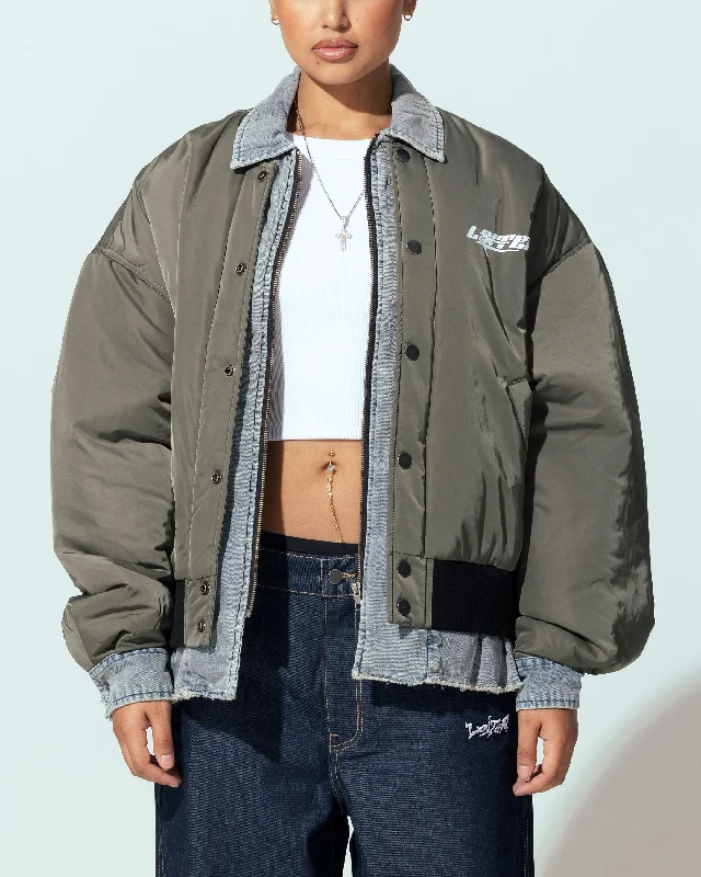 Loiter Shadow Layered Bomber Jacket Khaki One-Shoulder Jacket Off-the-Shoulder Jacket Asymmetrical Jacket