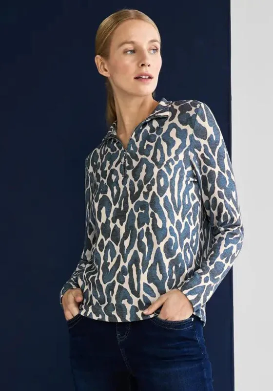 Street One Leopard Print Quarter Zip Sweater, Deep Blue Solid Color Striped Floral Print