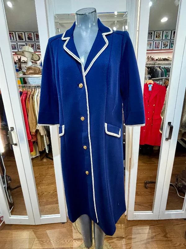 60’s Navy Coat With White Trim By Butte Knit Tie-Waist Belted Drawstring