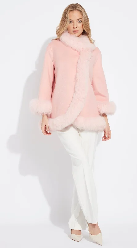 OUTLET Luxy Cashmere & Fox Fur Wrap Coat - Pink Tweed Herringbone Houndstooth