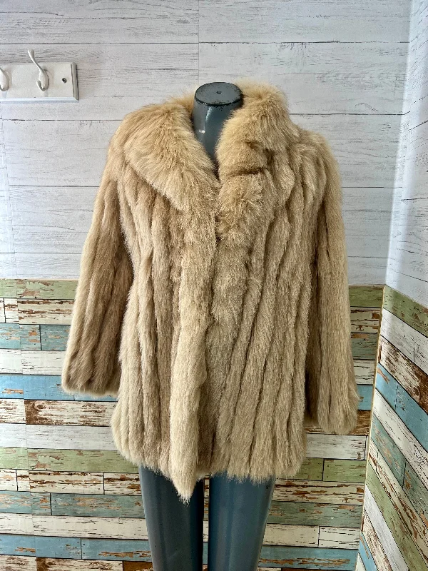 80’s Off White Fox Fur 3/4 Length Coat By Saga Fox Mesh Canvas Denim