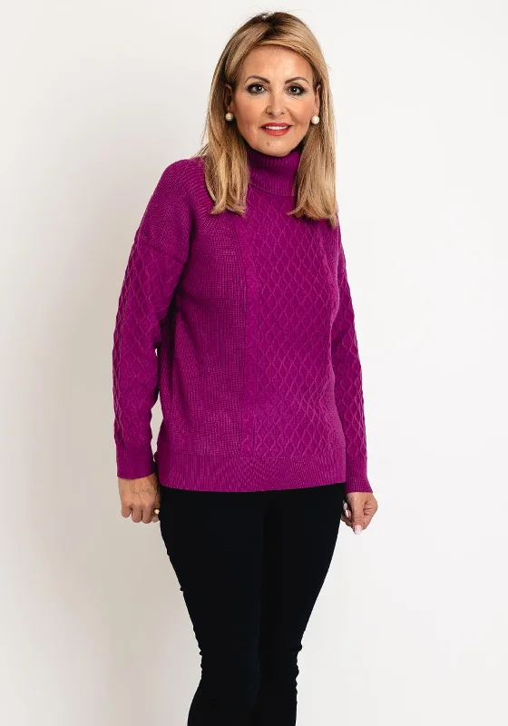 Natalia Collection High Neck Cable Knit Sweater, Magenta Mesh Fabric Canvas Fabric Denim Fabric