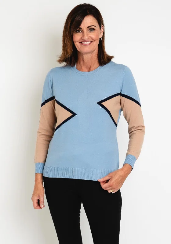 Natalia Collection Contrasting Print Knit Sweater, Blue Polka Dot Checkered Tartan