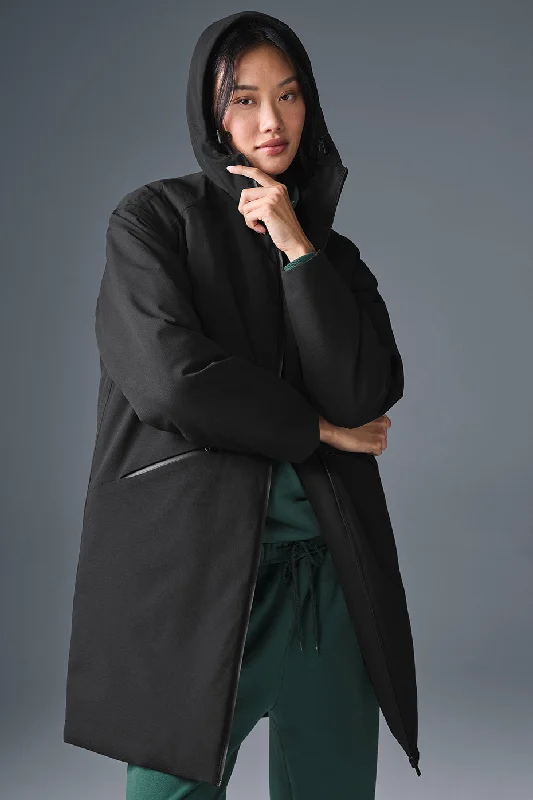 Rain Or Shine Puffer Long Coat - Black Welt Pockets Slit Pockets Flap Pockets