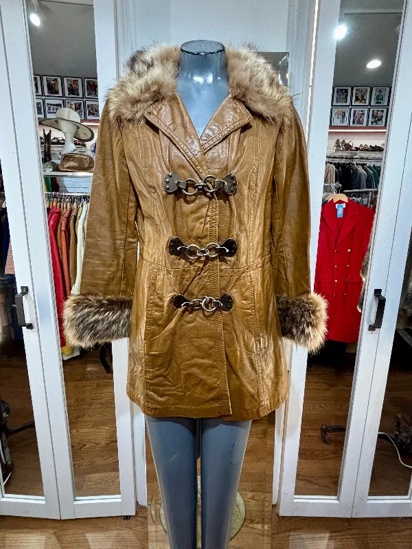 70’s Brown Leather Coat With Fur Collar & Cuff Coat Crew Neck V-Neck Boat Neck