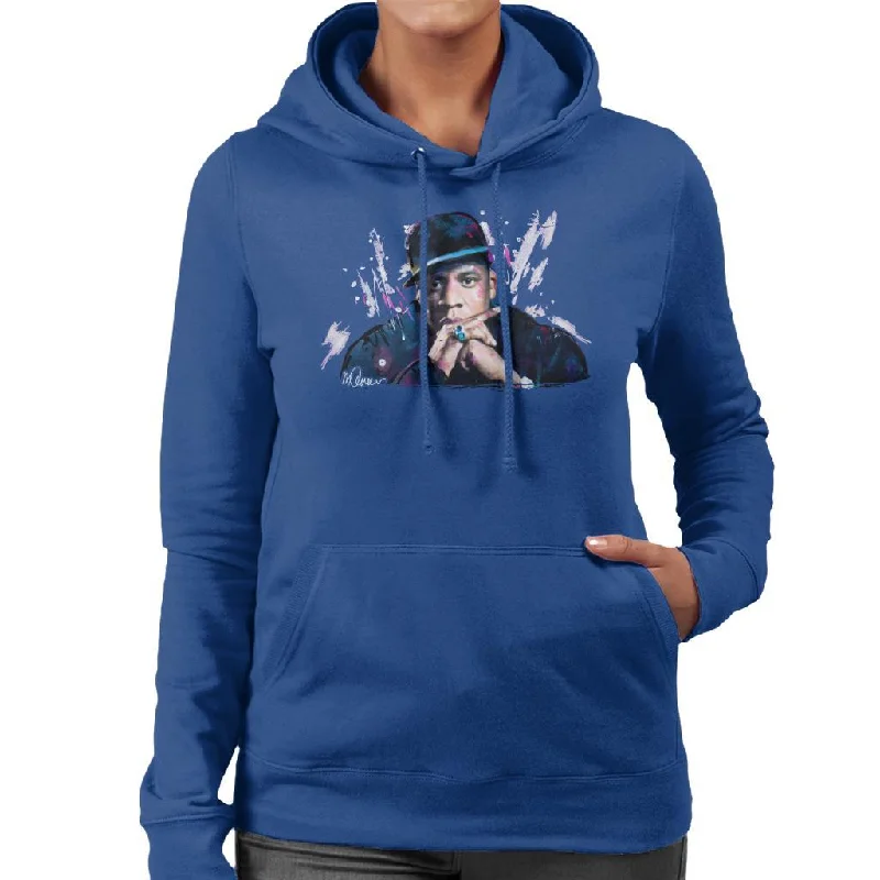 Sidney Maurer Original Portrait Of Jay Z The Black Album Women's Hooded Sweatshirt Hoodie with Belted Waist Structured Tailored