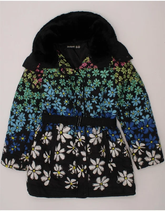 DESIGUAL Girls Graphic Hooded Padded Coat 9-10 Years Multicoloured Floral Peter Pan Collar Cowl Neck Turtleneck