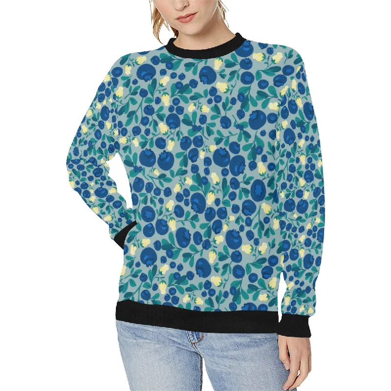 blueberry design pattern Women's Crew Neck Sweatshirt Hoodie with Snap Buttons Easy Quick