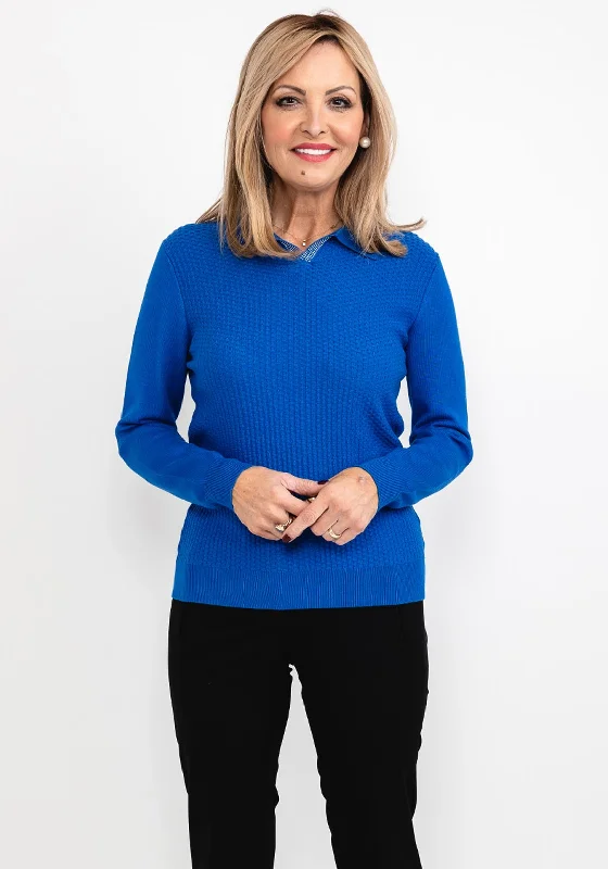 Castle of Ireland Jacquard Collared Sweater, Cobalt Front Pockets Side Pockets Patch Pockets