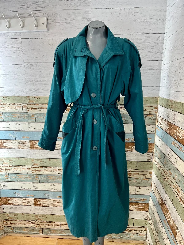 90’s Teal Trench Coat with High Neck Collar by Utex50 Suede Faux Fur Shearling