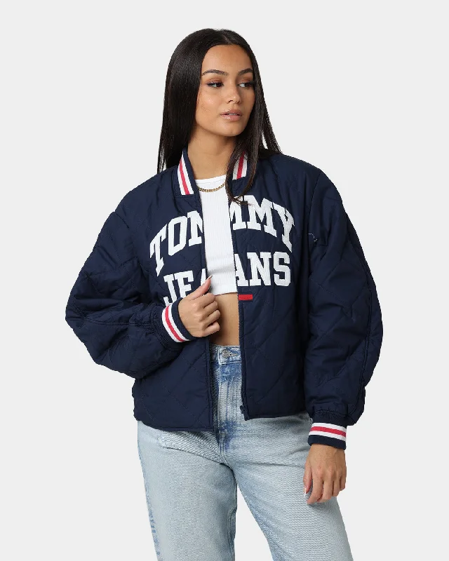 Tommy Jeans Women's College Quilted Jacket Twilight Navy Chenille Fabric Brocade Fabric Lace Fabric