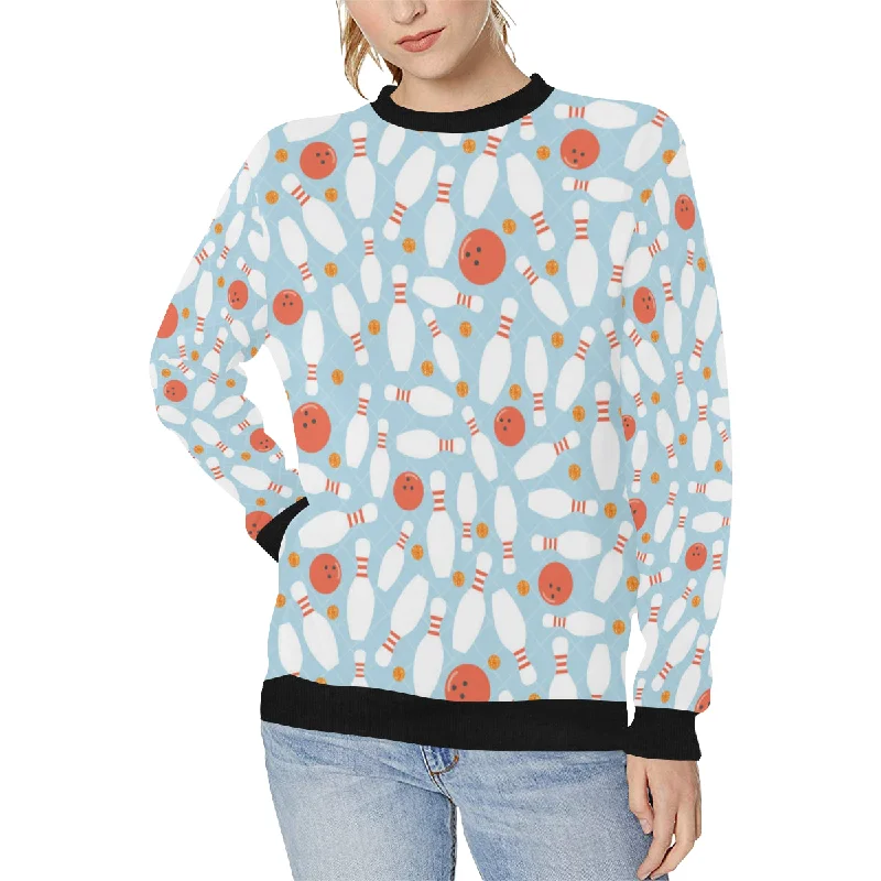 Bowling ball bowling pins blue blackground Women's Crew Neck Sweatshirt Graphic Hoodie Design Print