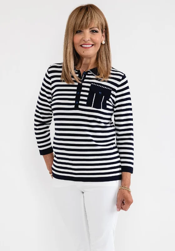 Anonymous Striped Polo Collar Sweater, Navy Cashmere Blend Cotton Blend Poly Blend