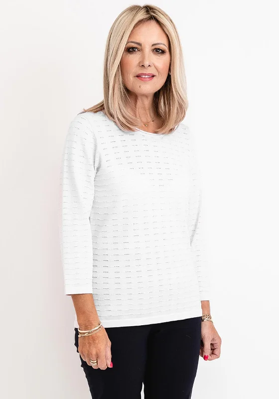 Micha Embroidered Three Quarter Sleeve Sweater, White Chenille Brocade Lace