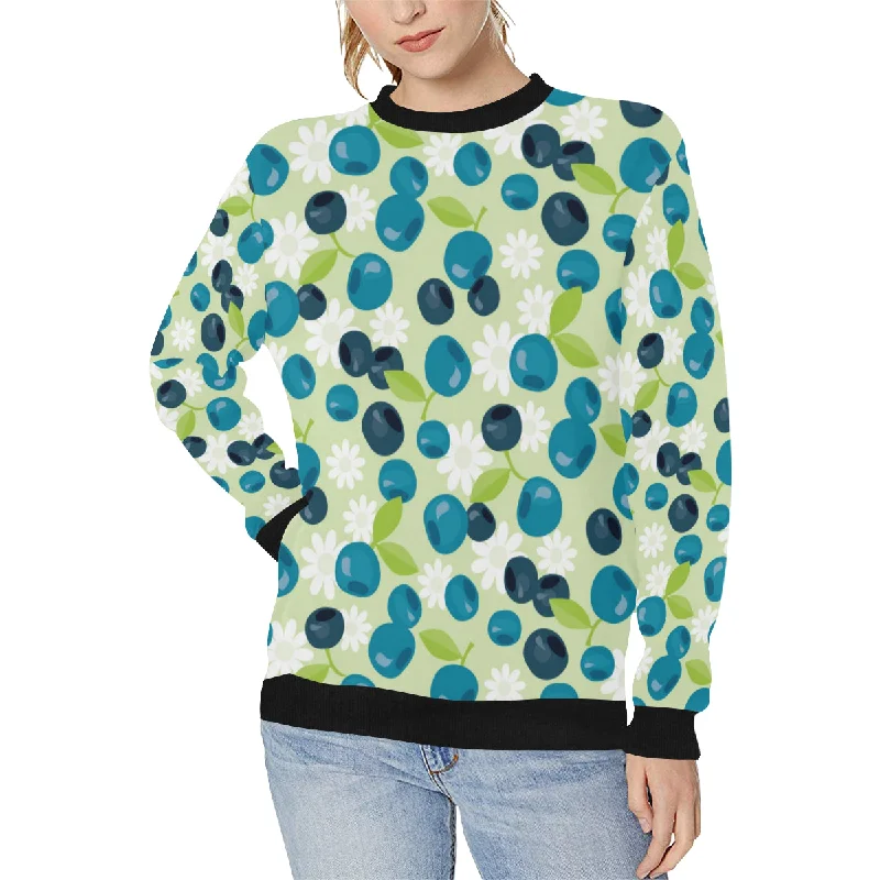 blueberry flower pattern Women's Crew Neck Sweatshirt Hoodie with Side Slits Relaxed Casual