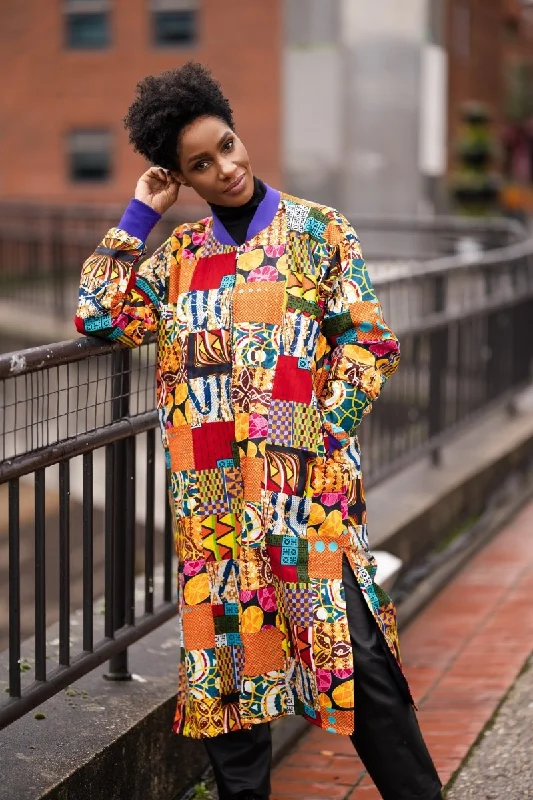 African Print Trench Coat in Patchwork Cardigan Sweater Pullover