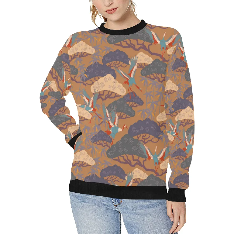 Bonsai bamboo stork japanese pattern brown theme Women's Crew Neck Sweatshirt Hoodie with Contrast Stitching Detailed Premium