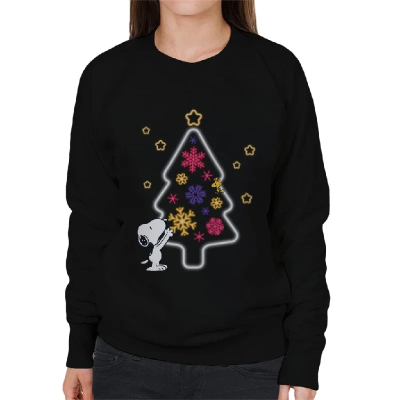 Peanuts Snoopy Woodstock Xmas Tree Neon Glow Women's Sweatshirt Hoodie with Thumb Holes Functional Cozy